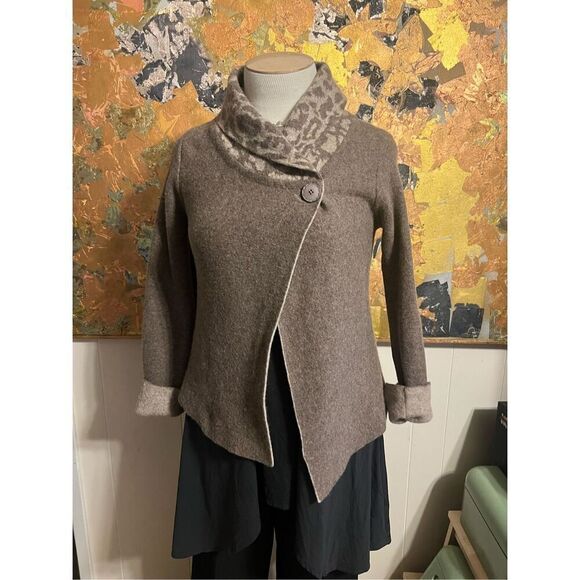 Chiaramente Italy Vintage Wool blend Cardigan With Animal Print Shawl Collar M - Picture 1 of 8